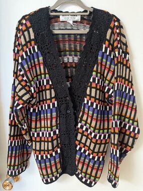 Vintage Kitty Hawk Vivian Wang Cardigan M Ramie Cotton Crochet Plaid 80s